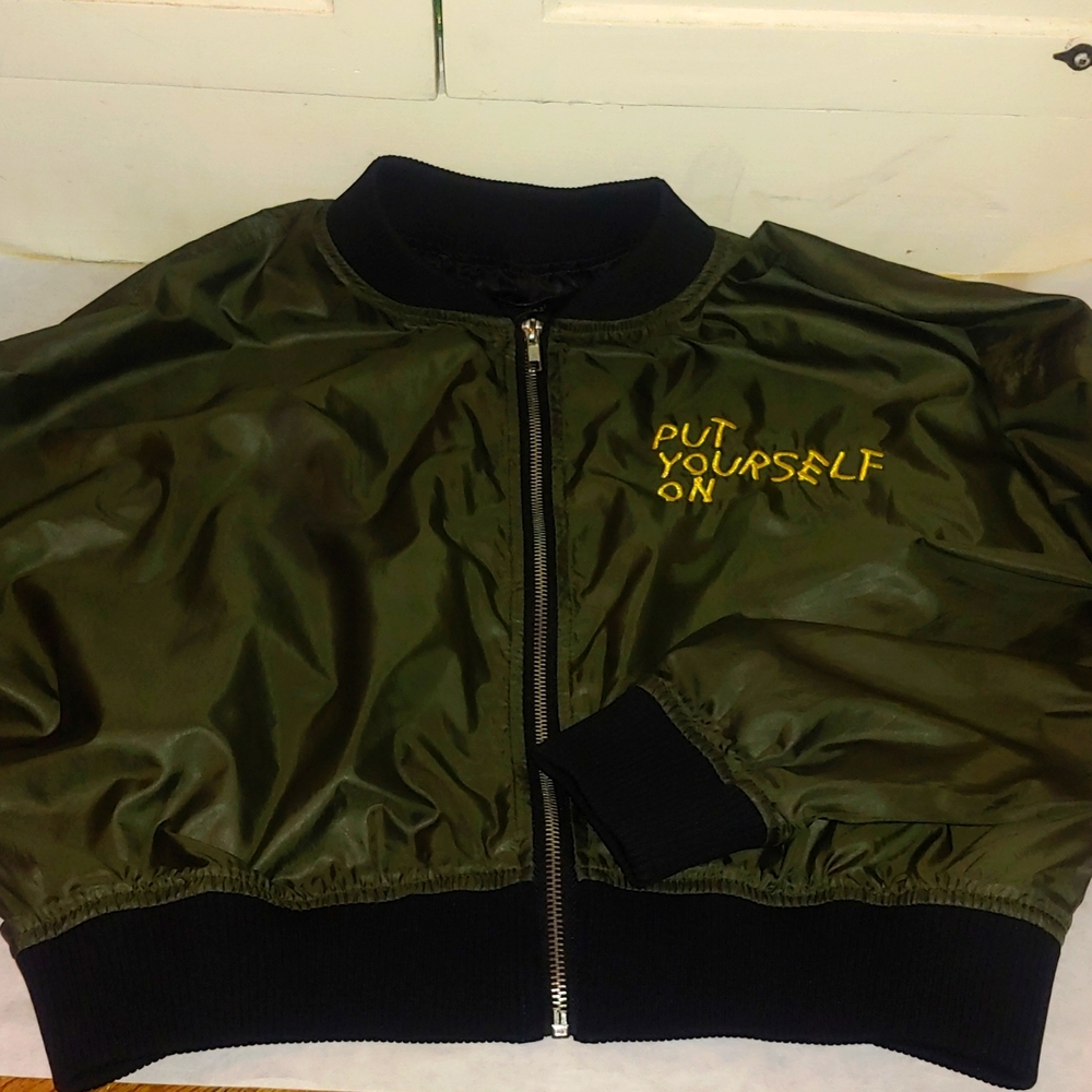 Forever 21 Bomber Jacket Green Black Size Small Put Yourself On